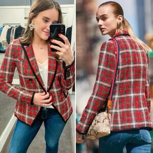 Veronica Beard Harriet Cutaway Dickey Blazer Jacket Plaid Check Tweed Red Size 6